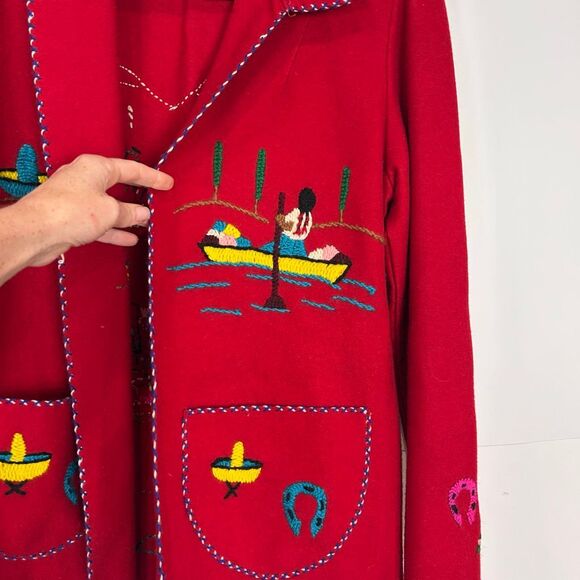 Vintage Handmade Tourist Jacket Womens Medium Red Embroidered Mexican Folk Art - Picture 5 of 13